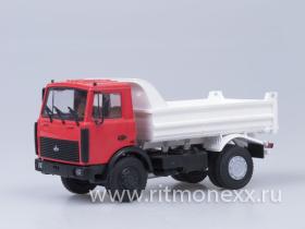 МАЗ-5551 самосвал (поздняя кабина, красно-белый, низкий кузов), 1988 г. /металл. рама, откидывающаяся кабина/